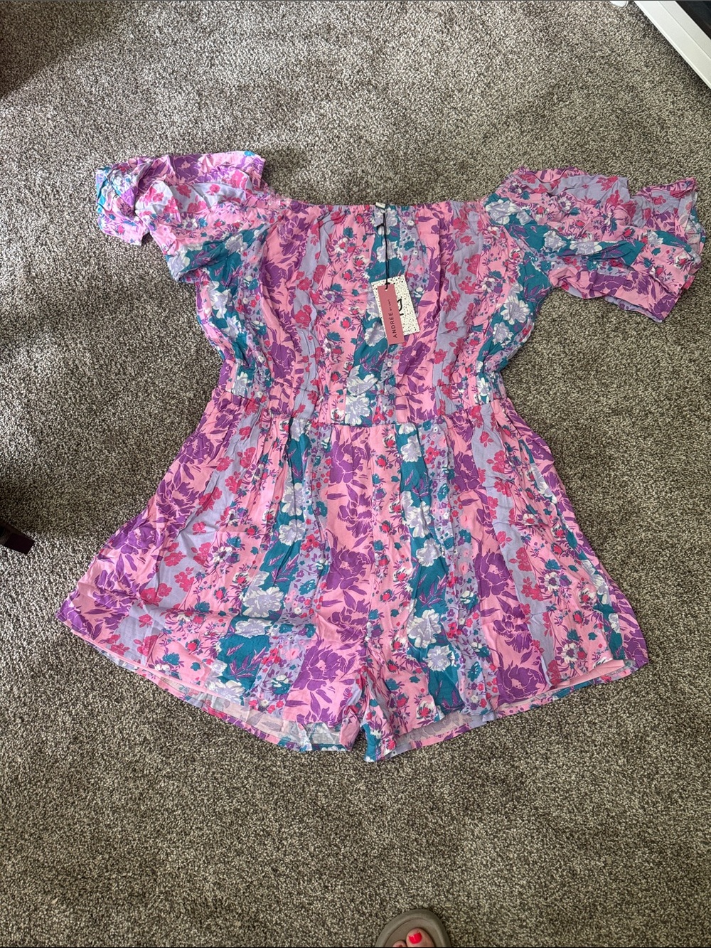 ANDREE BY UNIT Pink Floral Off-Shoulder Romper with Teal Accents